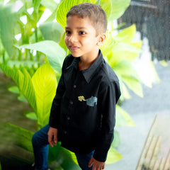 Mini Elephants Embroidered Organic Cotton Shirt - Black