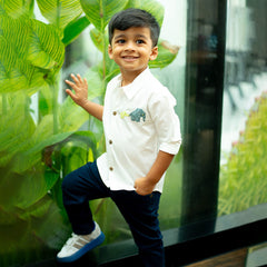 Mini Elephants Embroidered Organic Cotton Shirt - White