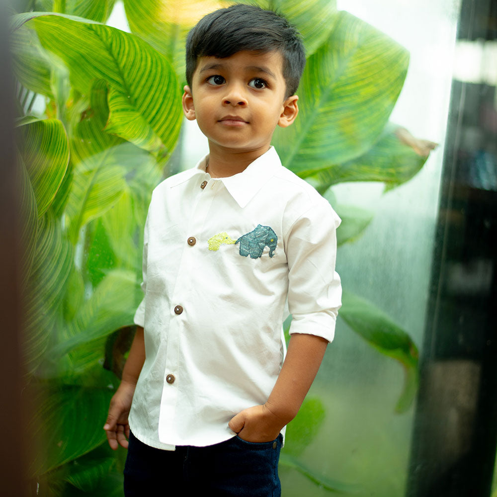 Mini Elephants Embroidered Organic Cotton Shirt - White