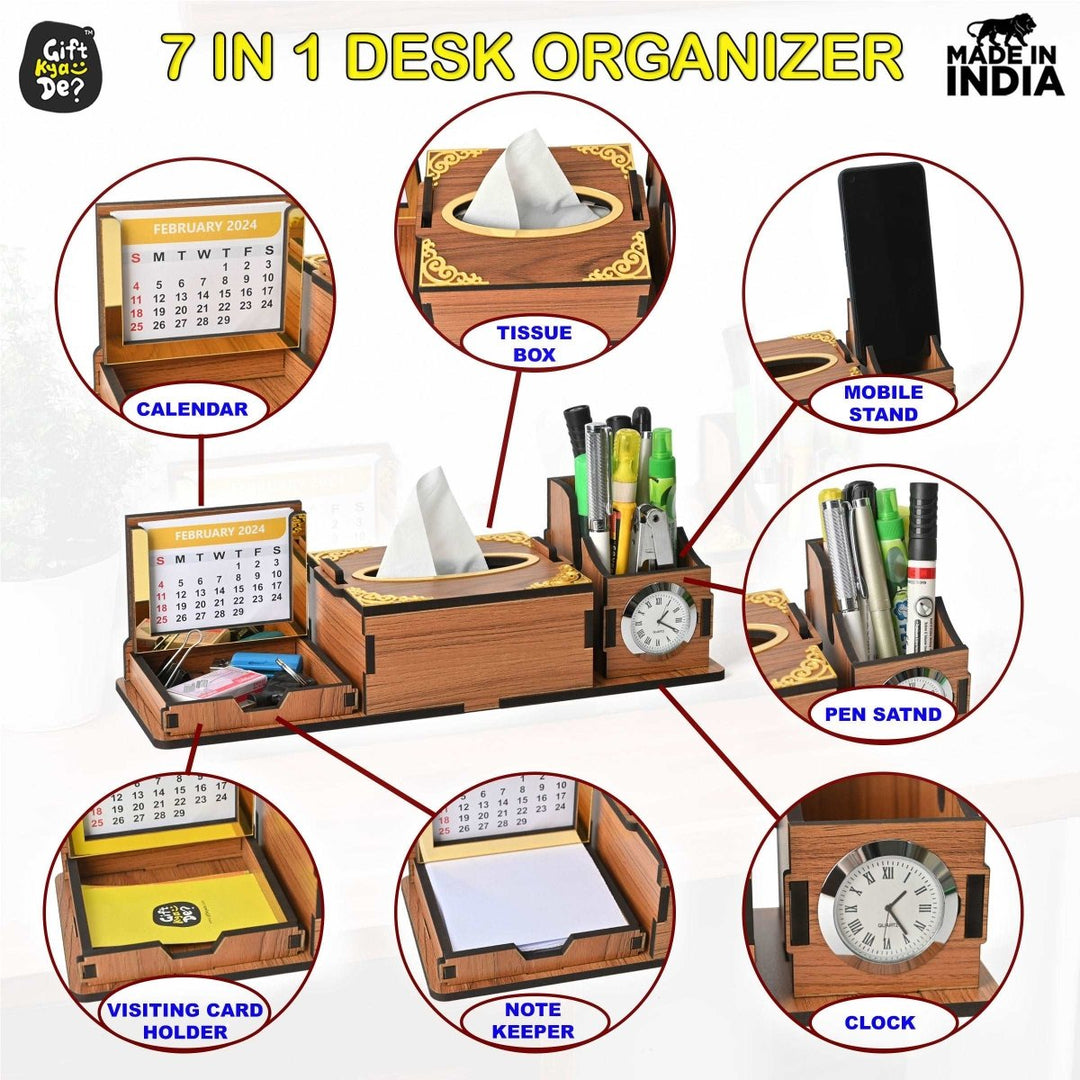 Gift Kya De Desk Organizer With Clock and Calendar 2025 | Calendar With Tissue Box Holder | Free Tissue Paper Refill Pack (Ecofriendly)