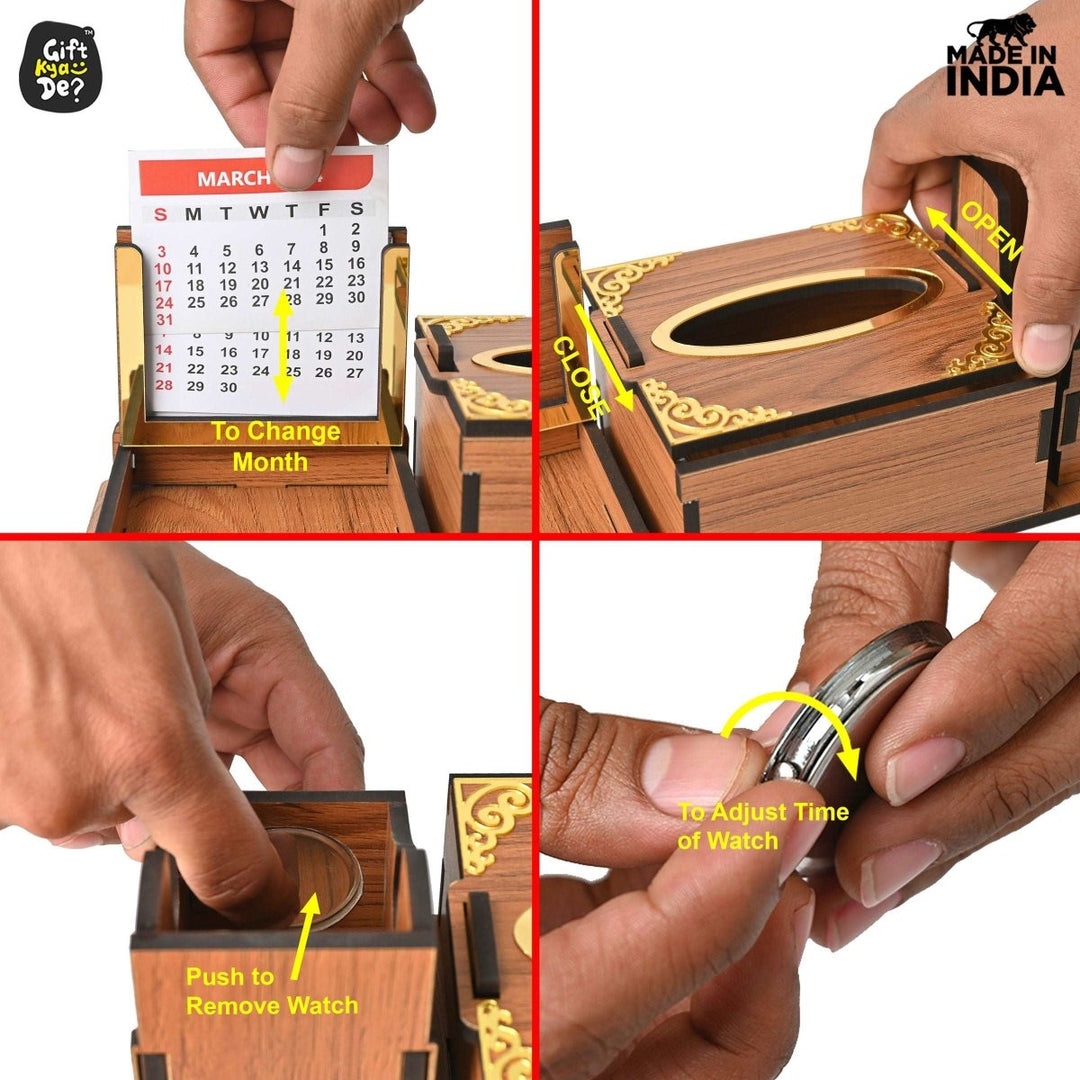 Gift Kya De Desk Organizer With Clock and Calendar 2025 | Calendar With Tissue Box Holder | Free Tissue Paper Refill Pack (Ecofriendly)
