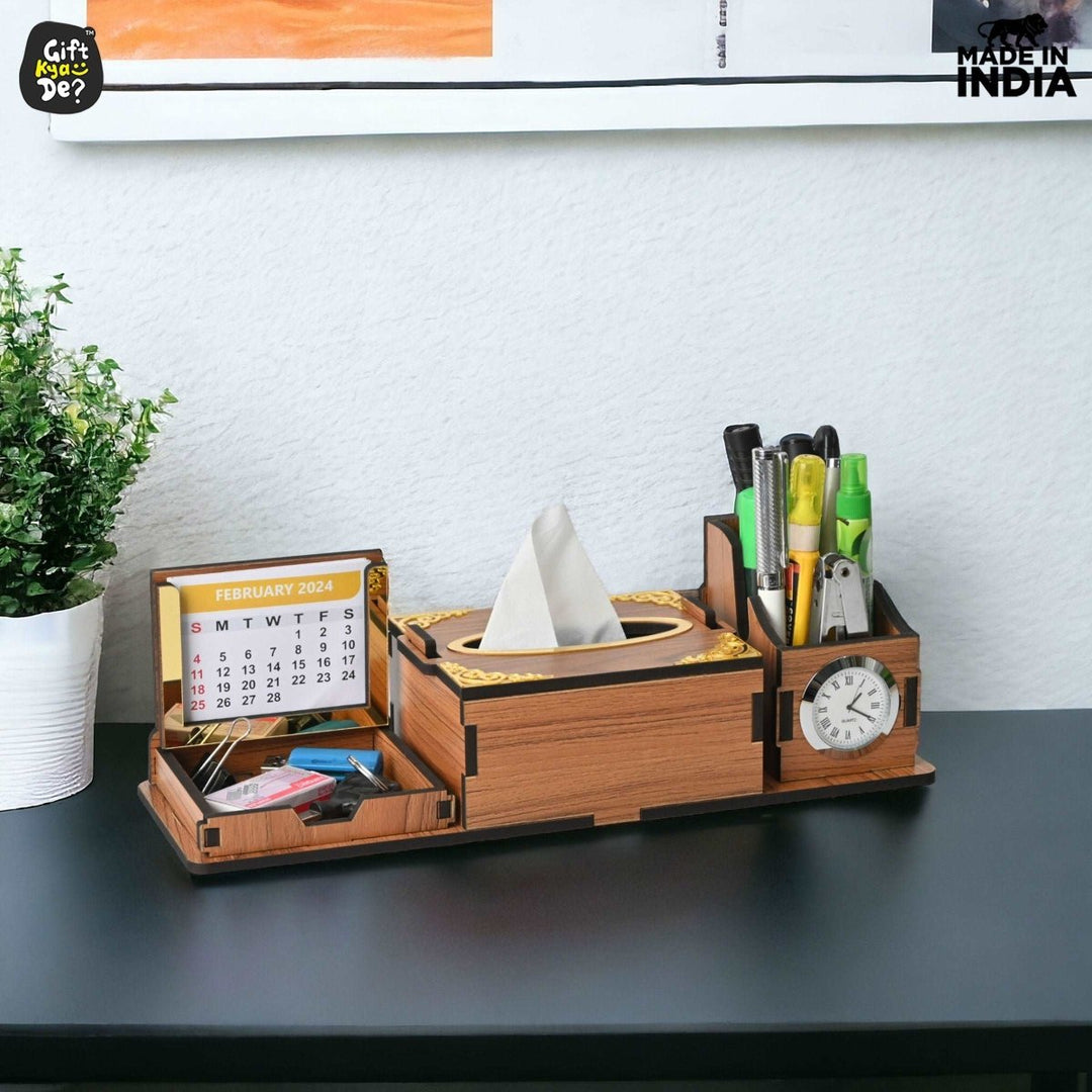 Gift Kya De Desk Organizer With Clock and Calendar 2025 | Calendar With Tissue Box Holder | Free Tissue Paper Refill Pack (Ecofriendly)