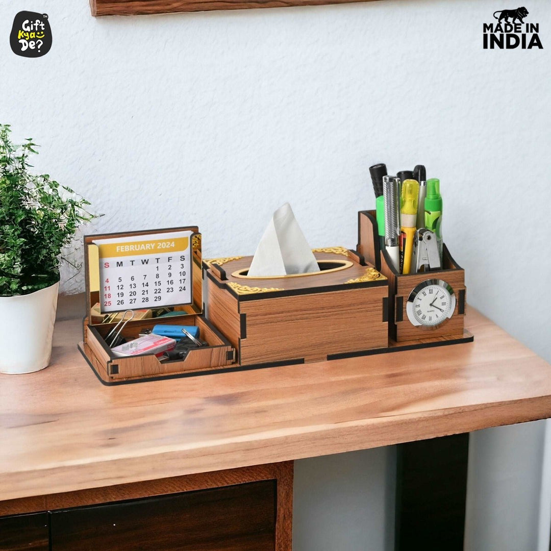 Gift Kya De Desk Organizer With Clock and Calendar 2025 | Calendar With Tissue Box Holder | Free Tissue Paper Refill Pack (Ecofriendly)