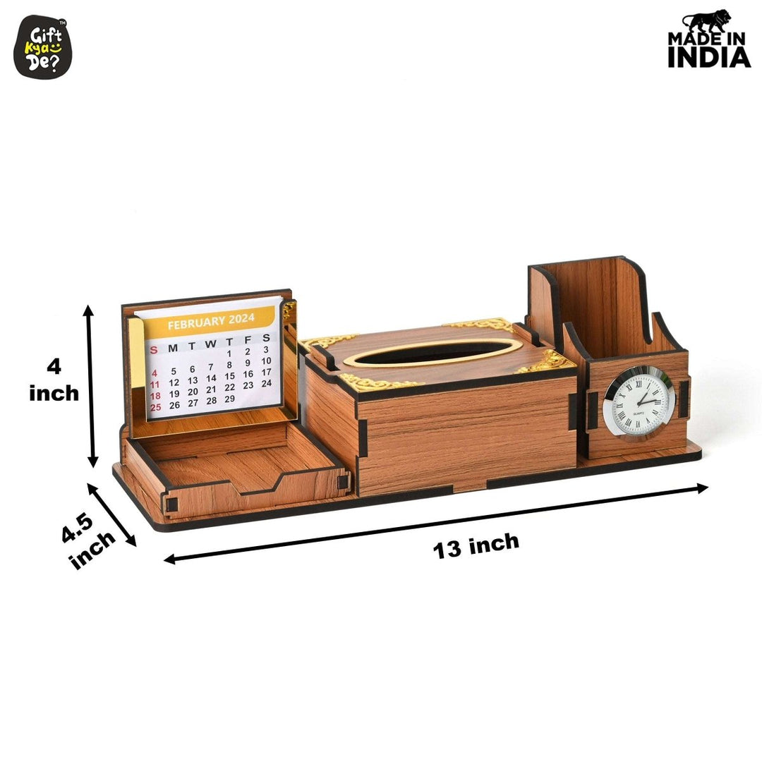 Gift Kya De Desk Organizer With Clock and Calendar 2025 | Calendar With Tissue Box Holder | Free Tissue Paper Refill Pack (Ecofriendly)
