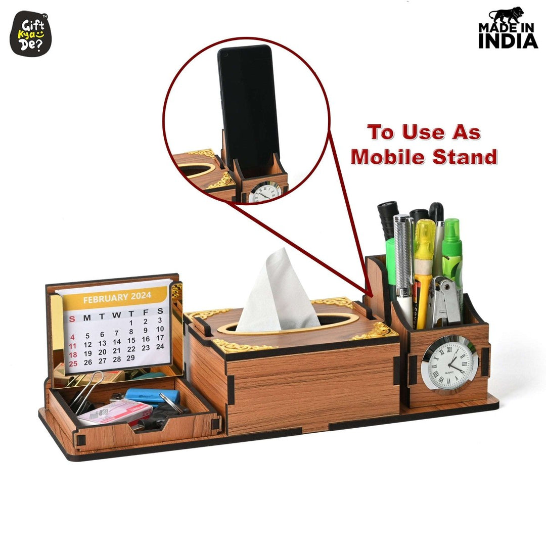 Gift Kya De Desk Organizer With Clock and Calendar 2025 | Calendar With Tissue Box Holder | Free Tissue Paper Refill Pack (Ecofriendly)