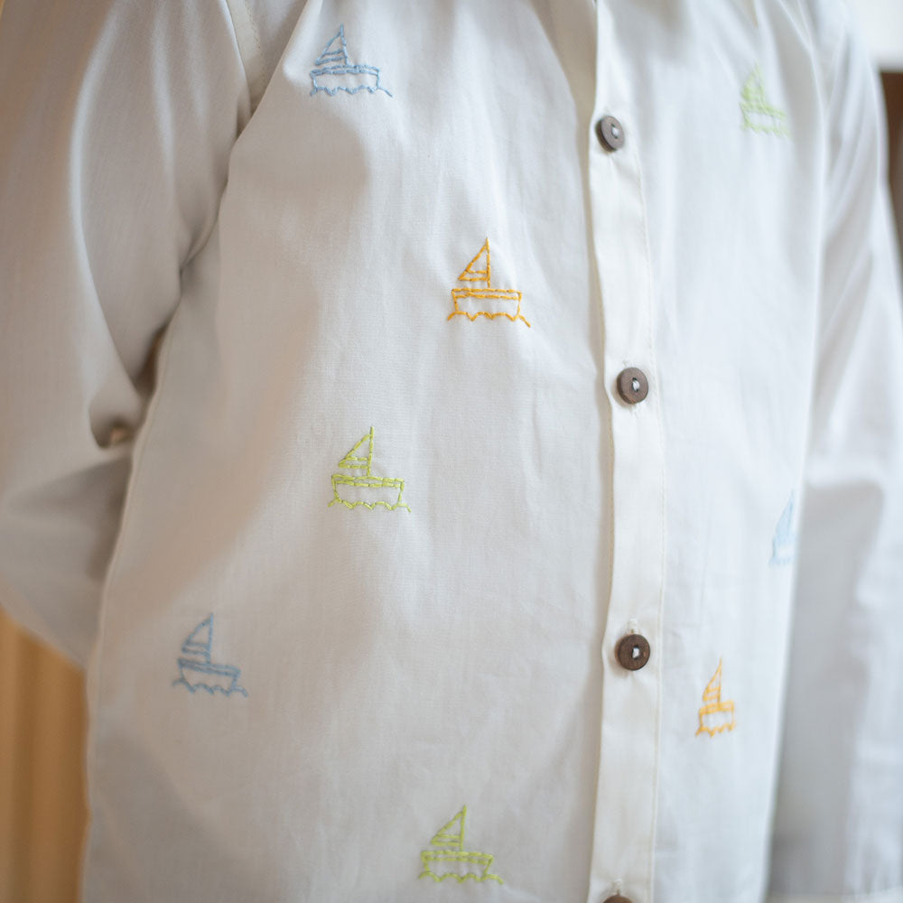 Mini Sail Boats Embroidered Organic Cotton Shirt - White