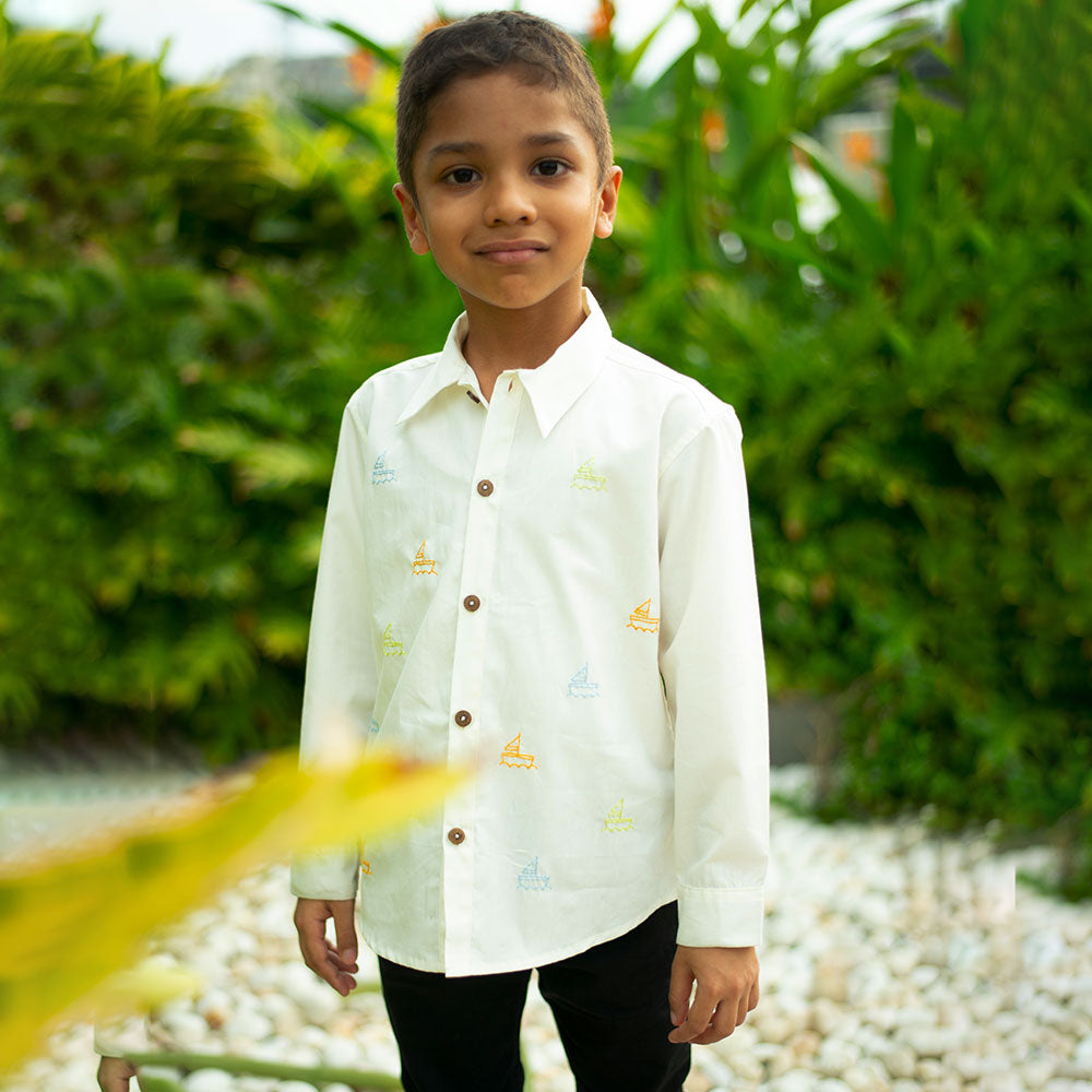 Mini Sail Boats Embroidered Organic Cotton Shirt - White