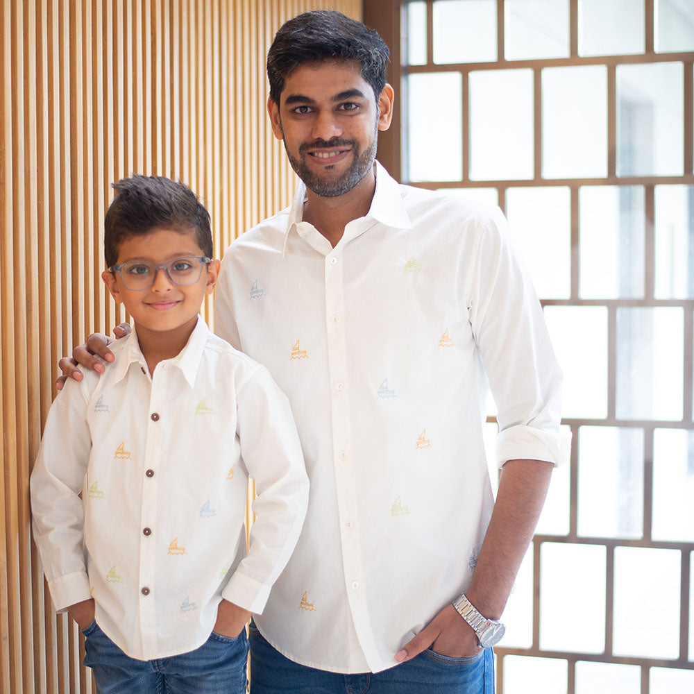 Mini Sail Boats Embroidered Organic Cotton Shirt - White