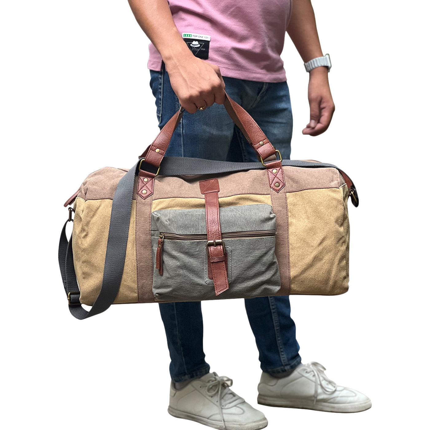 Mona B Sebastian 100% Cotton Canvas Duffel Gym Travel and Sports Bag with Outside Zippered Pocket and Stylish Design for Men and Women: Brown