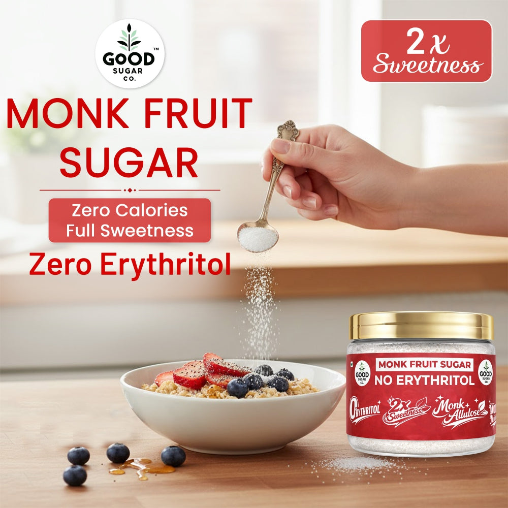Good Sugar Co. Monk Fruit Powder Sugar | NO Erythritol, | Monk + Allulose | 2x sweet | 100% Natural, 90% Less Cal than sugar | Diabetic Safe