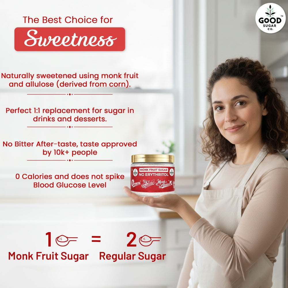 Good Sugar Co. Monk Fruit Powder Sugar | NO Erythritol, | Monk + Allulose | 2x sweet | 100% Natural, 90% Less Cal than sugar | Diabetic Safe