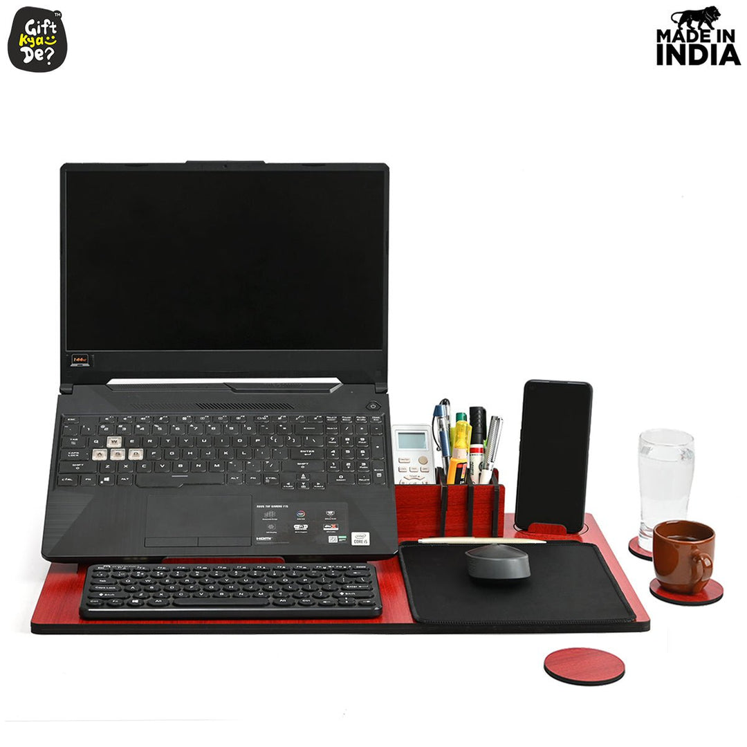 Gift Kya De Lapdesks Premium All-in-one Table top for Laptop Stand with Cooling pad Keyboard and Mouse pad Mobile Stand Stationary Desk Organizers and Coaster Set (All in One)