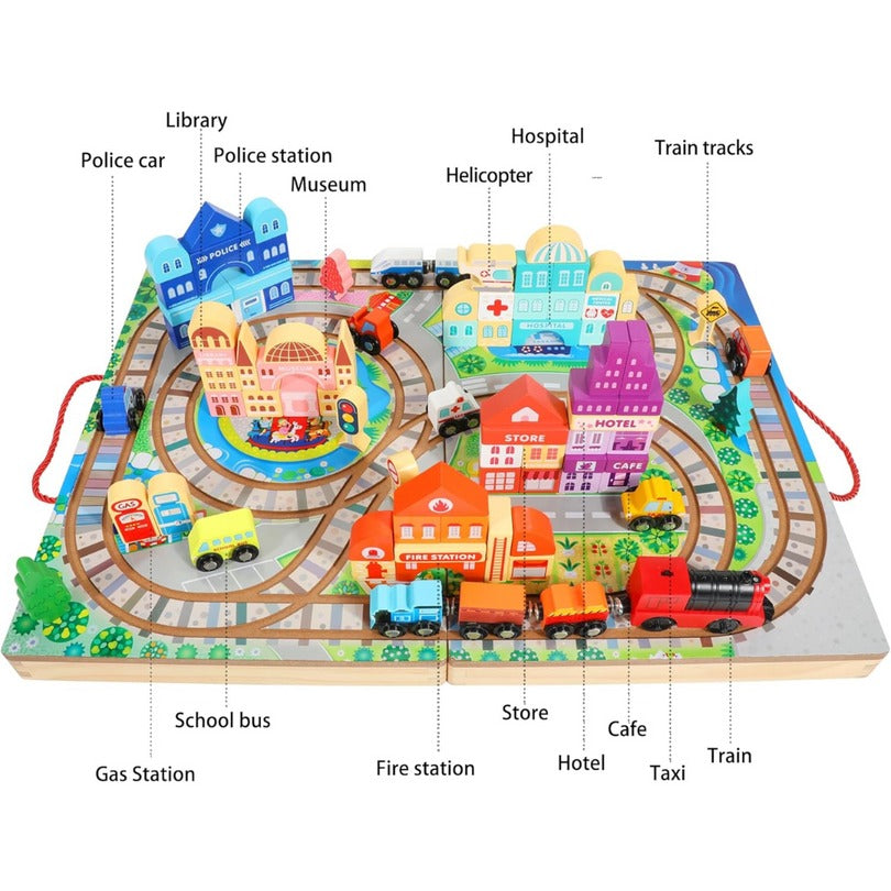 Wudly - Wooden Building Blocks Set, Electric Train City Construction Stacking Blocks Preschool Learning Educational Toys,Wooden Take-Along Tabletop Railroad Play Set for 3+ Years old kids, Child Safe Certified, Multi colors.