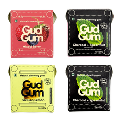 Gud Gum Chewing Gum - Mini Pack of 4 - Mixed Berry, Lemon, Charcoal Mint