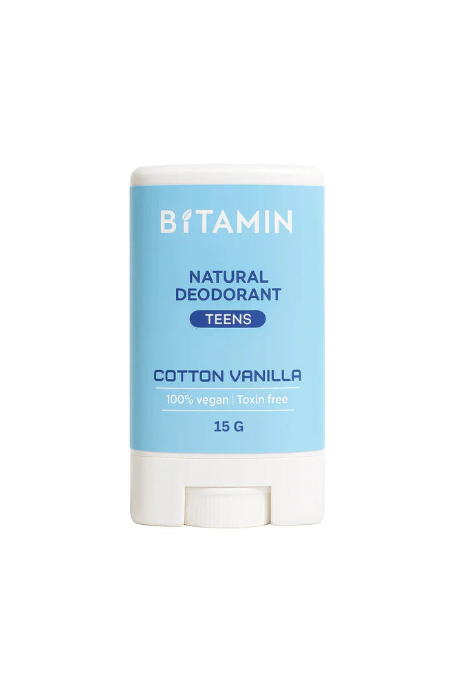 Bitamin natural deodorant stick for teens with blue packaging on a white background