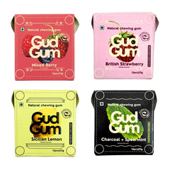 Gud Gum Chewing Gum - Mini Pack of 4 - Mixed Berry, Lemon, Charcoal Mint, Strawberry