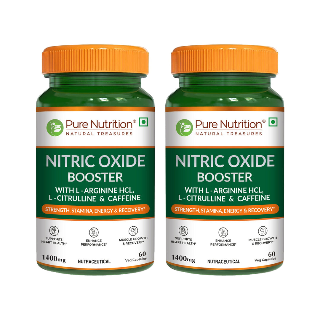Pure Nutrition Nitric Oxide Booster – L-Arginine HCL, L-Citrulline & Caffeine – Strength, Stamina, Energy & Recovery – 60 Veg Capsules