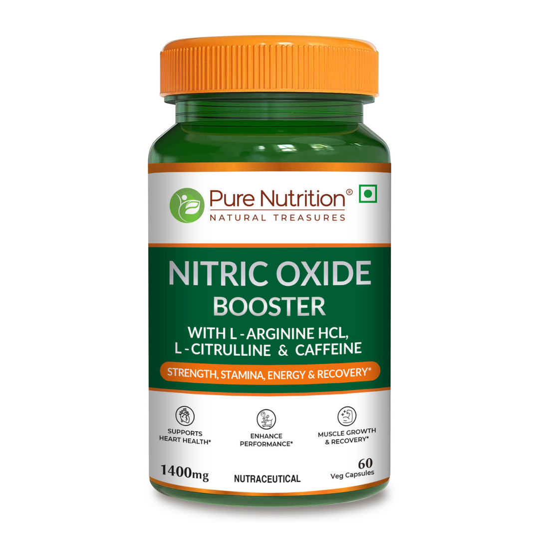Pure Nutrition Nitric Oxide Booster – L-Arginine HCL, L-Citrulline & Caffeine – Strength, Stamina, Energy & Recovery – 60 Veg Capsules
