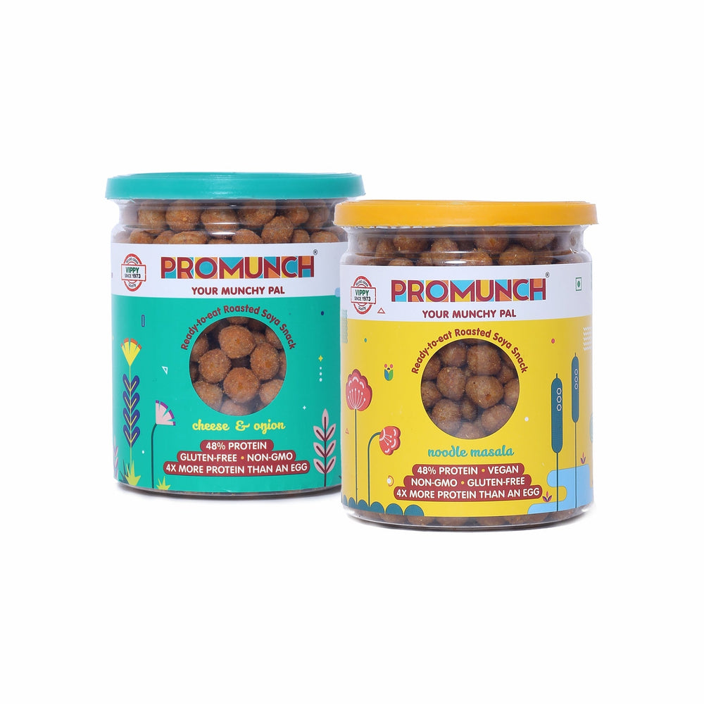 Promunch Protein Crunchies Dual Pack | Noodle Masala & Cheese & Onion | 150g x 2