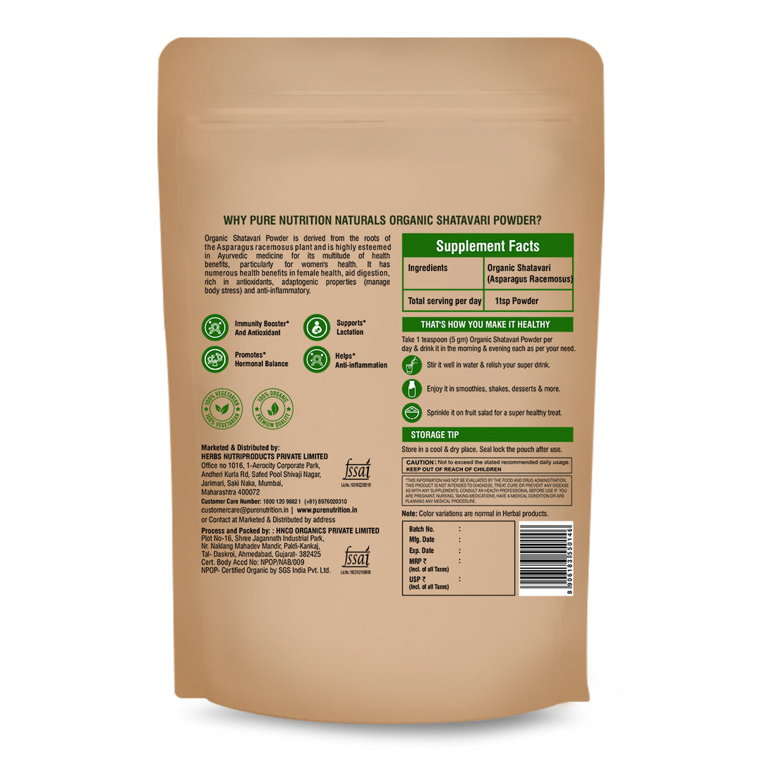 Organic Shatavari Powder - 227g | 100% Pure and Natural | Supports Hormonal Balance, Digestion, and Women&