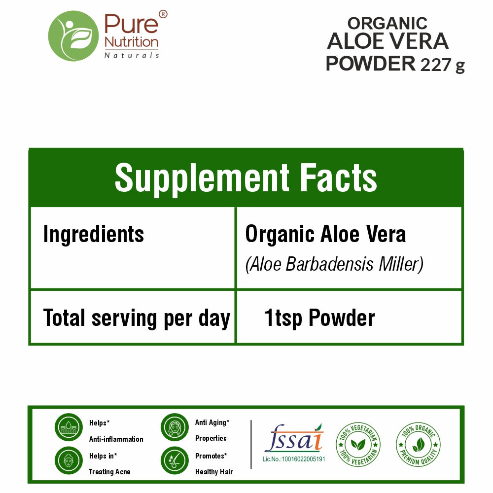 Pure Nutrition Organic Aloe Vera Powder - 227g | For Skin Health, Digestion & Hydration