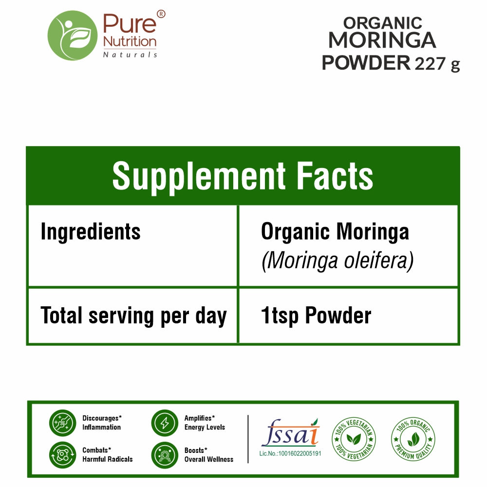 Organic Moringa Powder - 227g | 100% Pure and Natural | Supports Energy, Immunity, and Overall Wellness