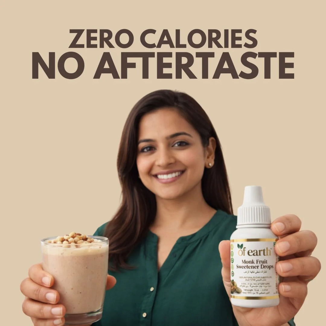 Of Earth Monk Fruit Sweetener | Pure Extract- No Erythritol, No Allulose | Zero- Glycemic Index Sugar Substitute | 1:1 Sugar Replacer for Tea, Coffee, Drinks | Plant-Based | Keto, Vegan & Diabetic Friendly | 1 drop = 1 spoon sugar | 15 ml
