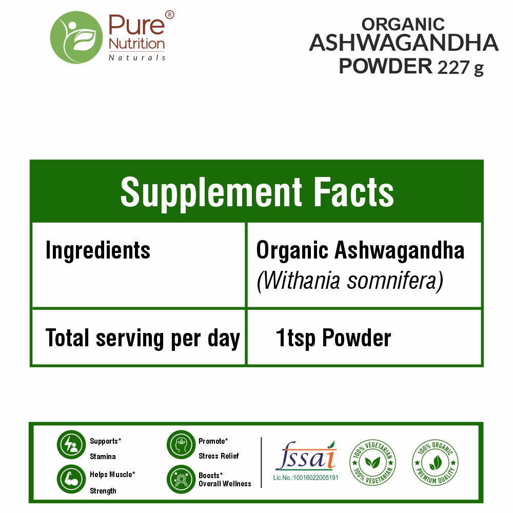 Organic Ashwagandha Powder - 227g | 100% Pure and Natural | Supports Stress Relief, Vitality, and Overall Wellness