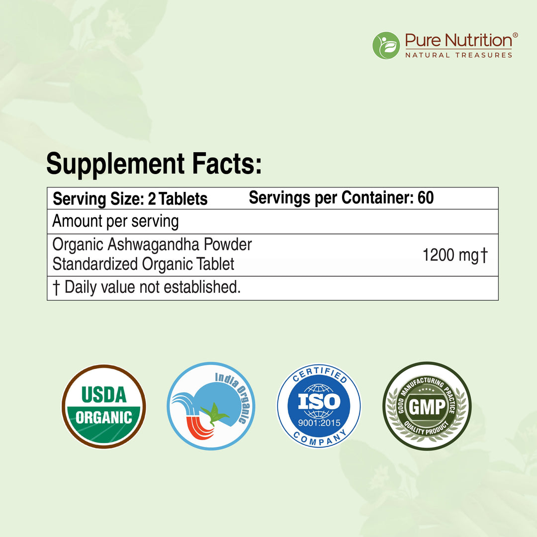 Organic Ashwagandha Tablets 120 Count | Stress Relief, Sleep & Vitality