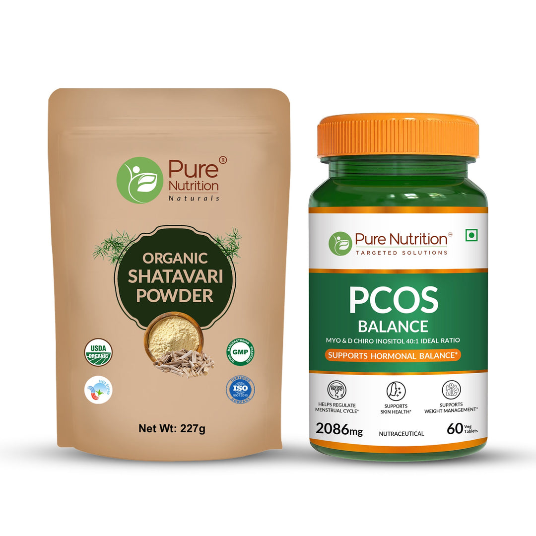 Her Health Combo: Organic Shatavari Powder 227g + PMOS (PCOS) Balance with Myo & D-Chiro Inositol