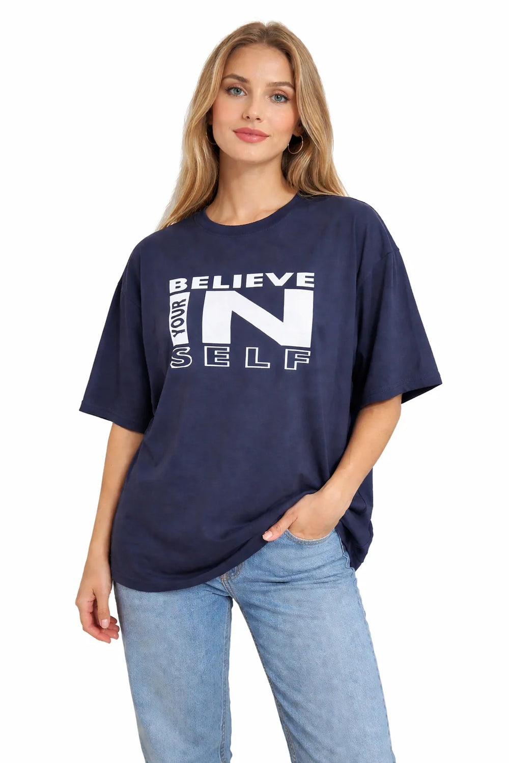 Women Bamboo Fabric Oversize Printed T-Shirt – Ultra Soft | Breathable | Sustainable Style | Navy