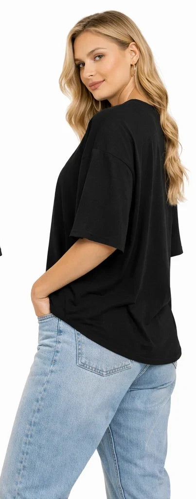Bamboo Fabric Women Oversize Printed T-Shirt – Ultra Soft | Breathable | Sustainable Style | Black