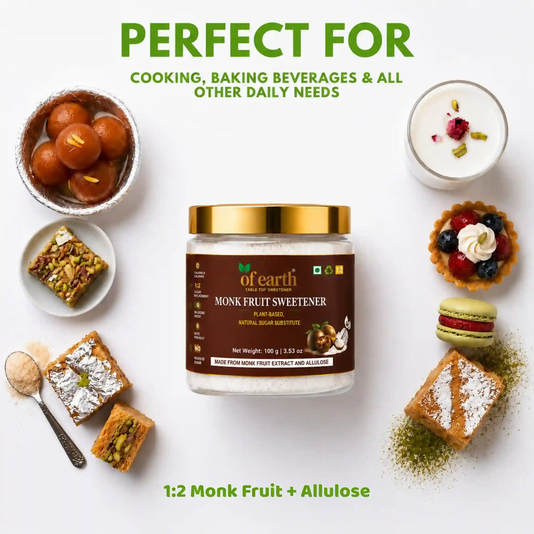 Of Earth Monk Fruit Sweetener With Allulose | Zero-Glycemic Index, Low Calorie Sugar Substitute | EASY 1:2 Sugar Replacement for Tea, Coffee, Cooking & Baking | Plant-Based | Keto, Vegan & Diabetic Friendly | 100g