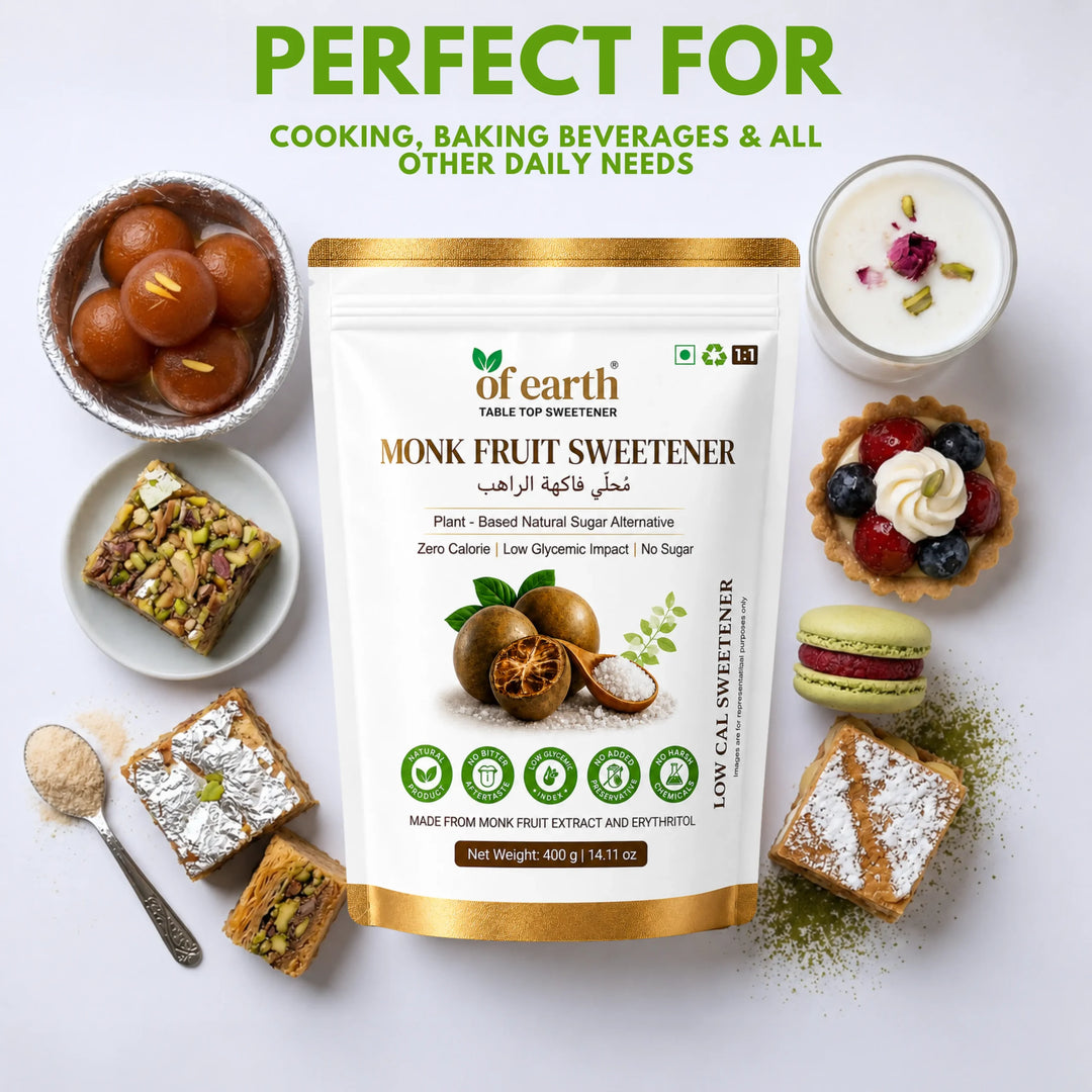 Of Earth Monk Fruit Sweetener With Erythritol | Zero-Glycemic Index, Low Calorie Sugar Substitute | 1:1 Sugar Replacer for Tea, Coffee, Drinks, Cooking & Baking | Plant-Based Monk Fruit Sweetener | Keto, Vegan & Diabetic Friendly | 400g