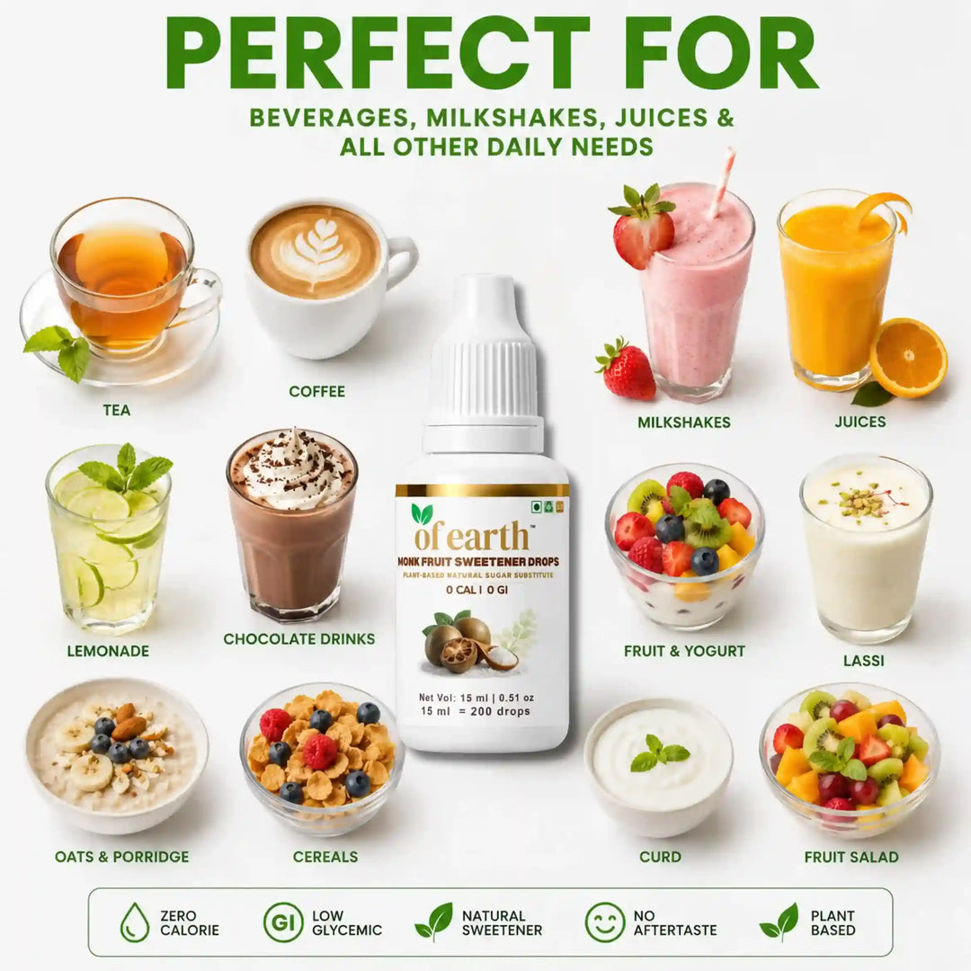 Of Earth Monk Fruit Sweetener | Pure Extract- No Erythritol, No Allulose | Zero- Glycemic Index Sugar Substitute | 1:1 Sugar Replacer for Tea, Coffee, Drinks | Plant-Based | Keto, Vegan & Diabetic Friendly | 1 drop = 1 spoon sugar | 15 ml