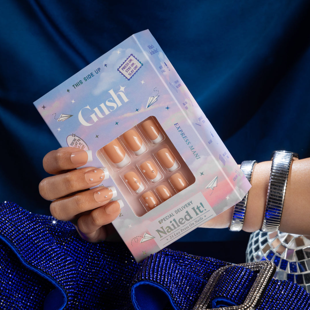 French Gems | French Tip | Medium Square, Press-On Nails