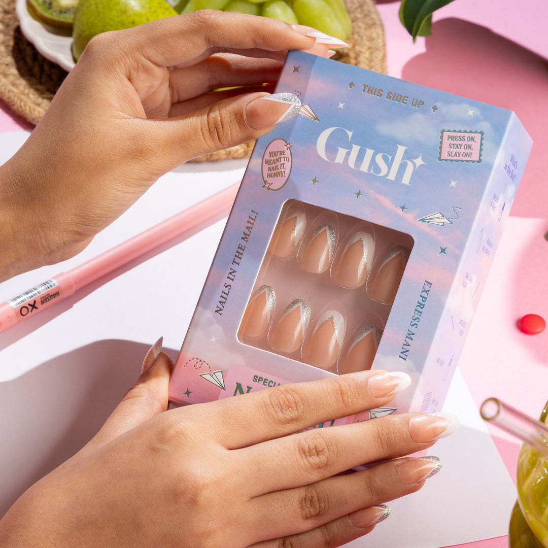 Shimmery French Tips | Short Round, Press on Nails