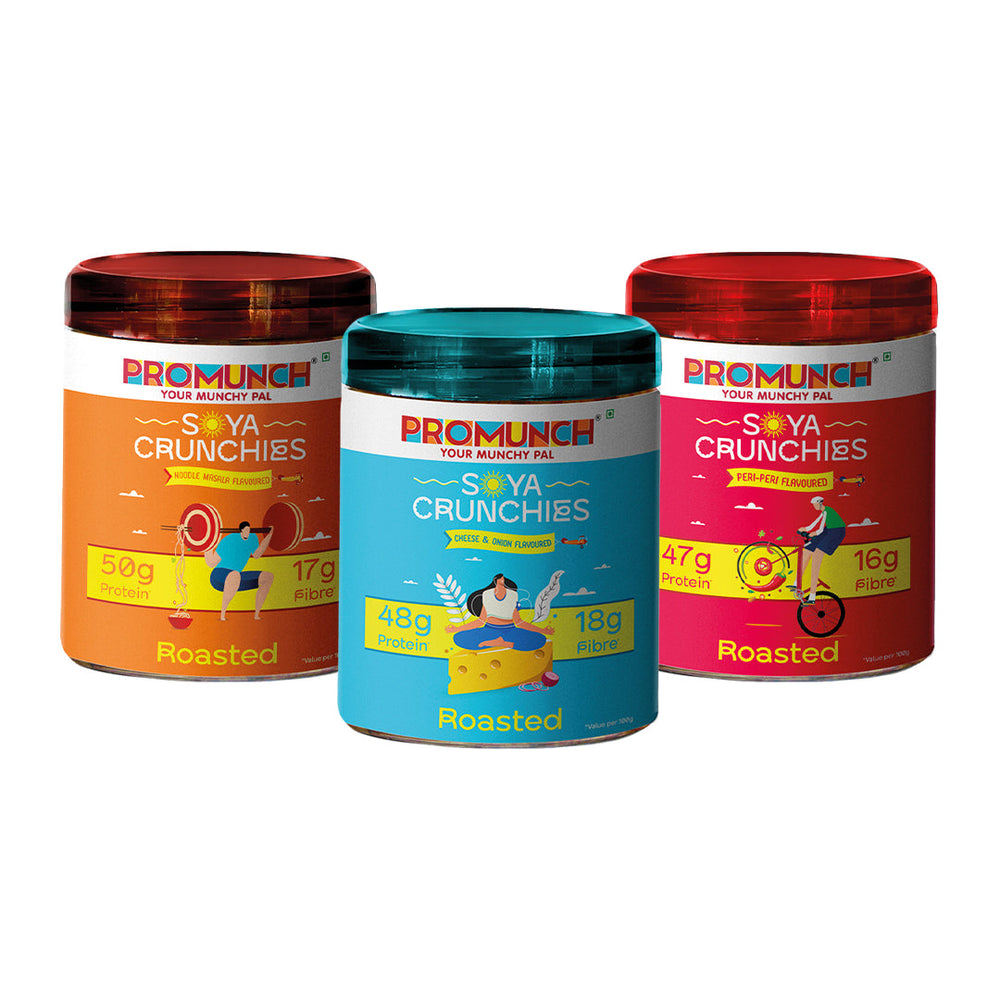 Promunch Protein Snacks Variety Pack | Cheese & Onion, Peri Peri & Noodle Masala | 150g x 3