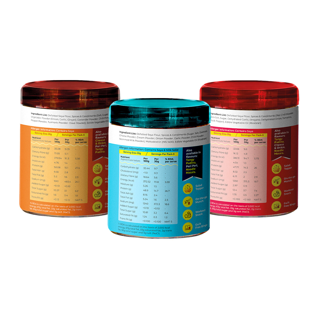 Variety Pack Protein Snacks (Cheese & Onion, Peri Peri, Noodle Masala)-150gm x 3