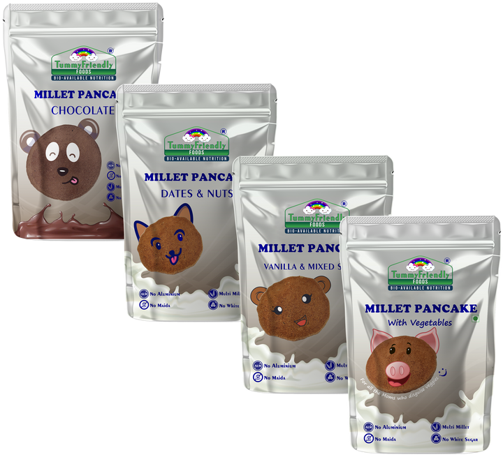 TummyFriendly Foods Organic Millet Pancake Mixes | Chocolates, Nuts, Vegetables | For Kids and Adults | 50g each (Trial Pack of 4)