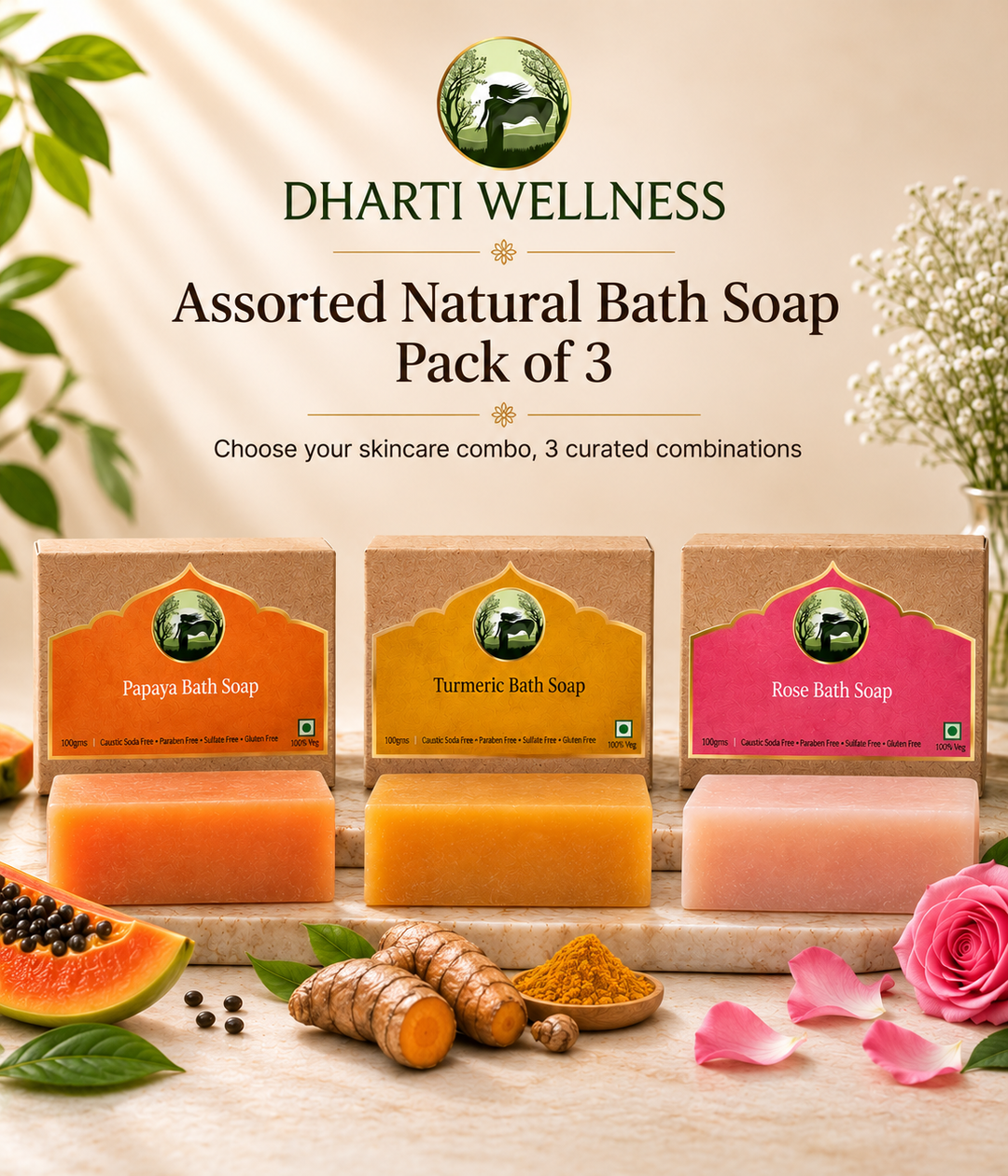 Dharti Wellness Assorted Natural Bath Soap Pack of 3 | Choose Your Skin Care Combo