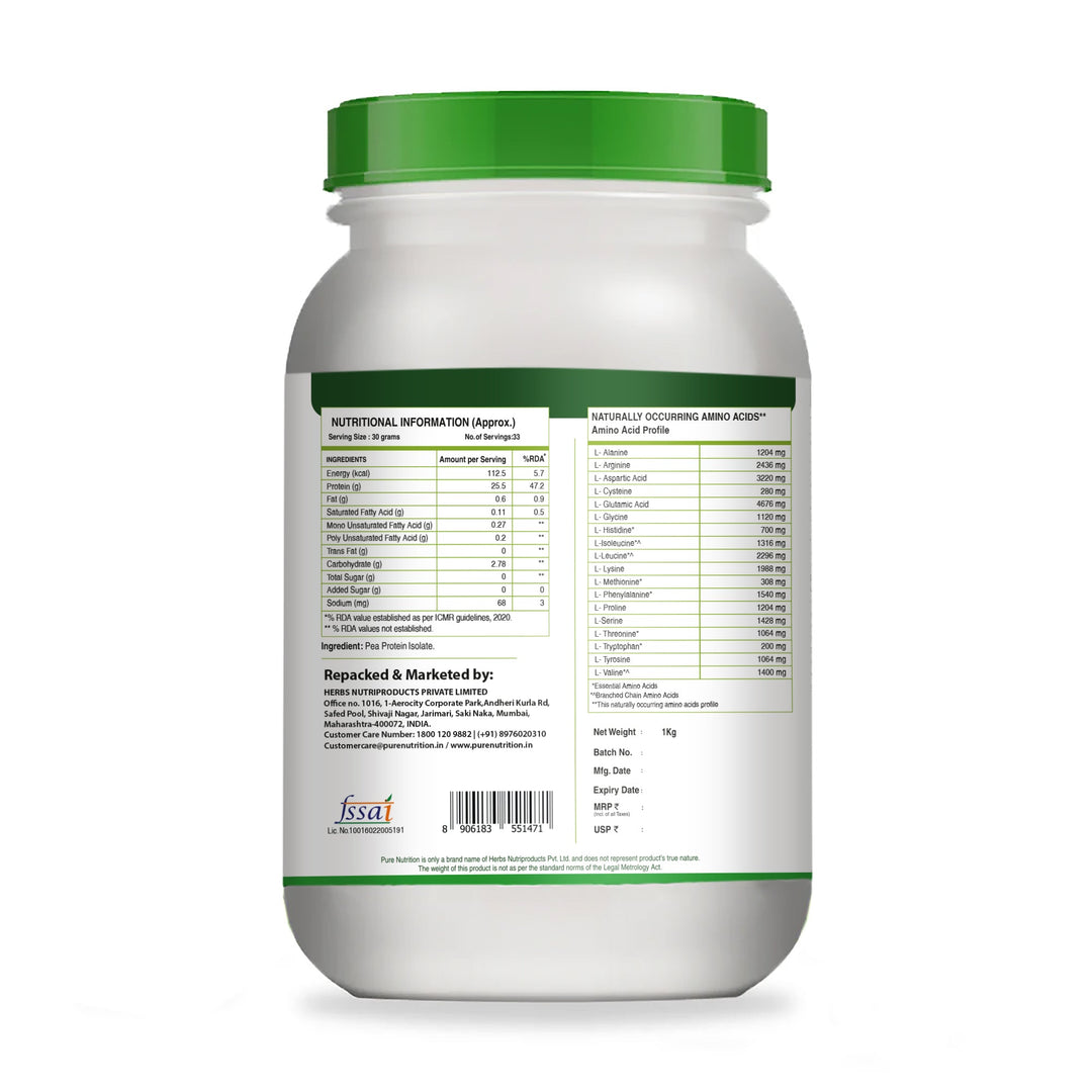 Pure Nutrition Pea Protein Isolate Powder 1Kg | 100% Pure Plant-Based Protein for Men & Women | 25.5g Protein & 4g BCAA | Ideal for Muscle Growth, Recovery & Vegan Diet