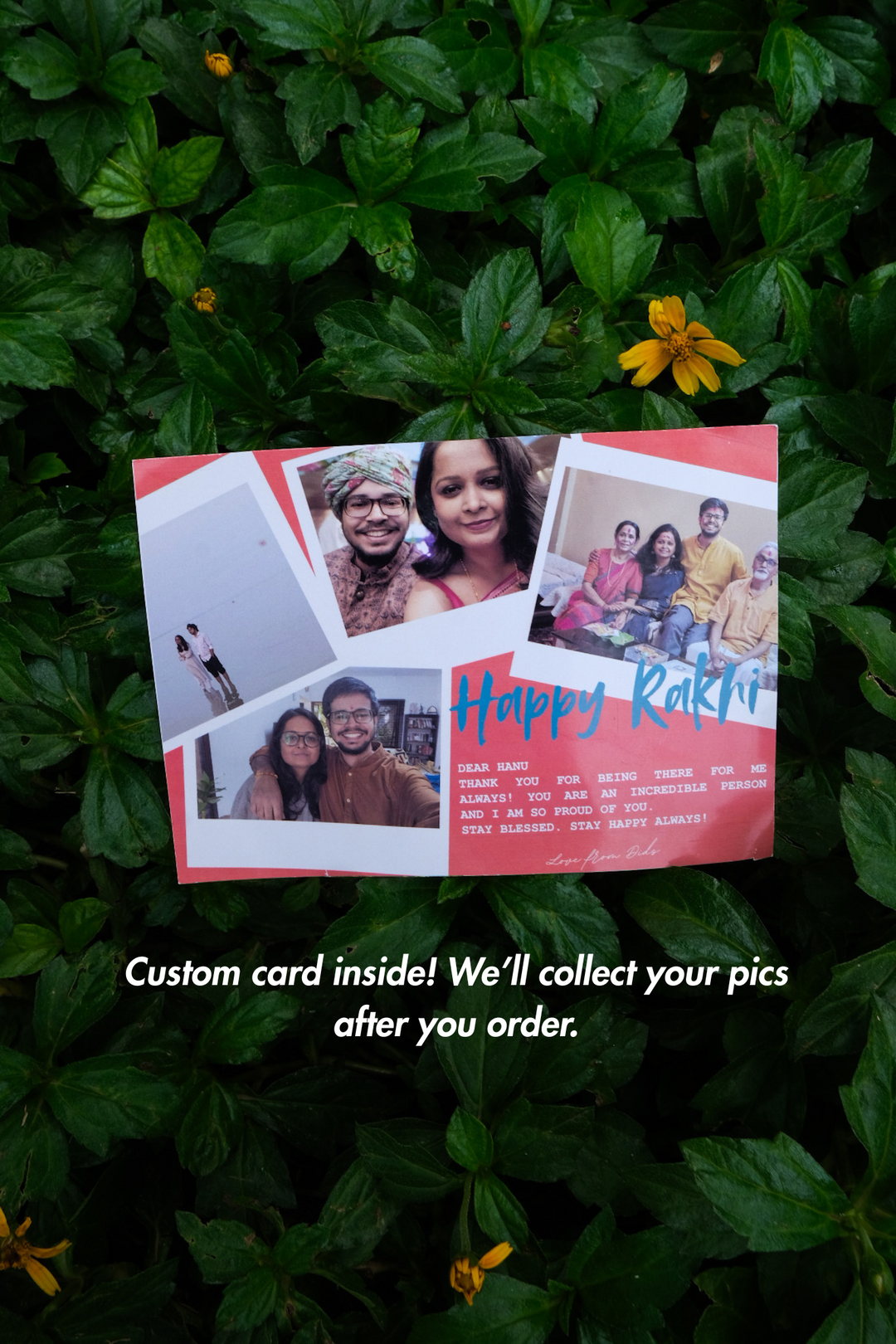 Customised Happy Rakhi photo card with sibling memories and message – personalised touch from Zen Ya Rakhi gift hamper.