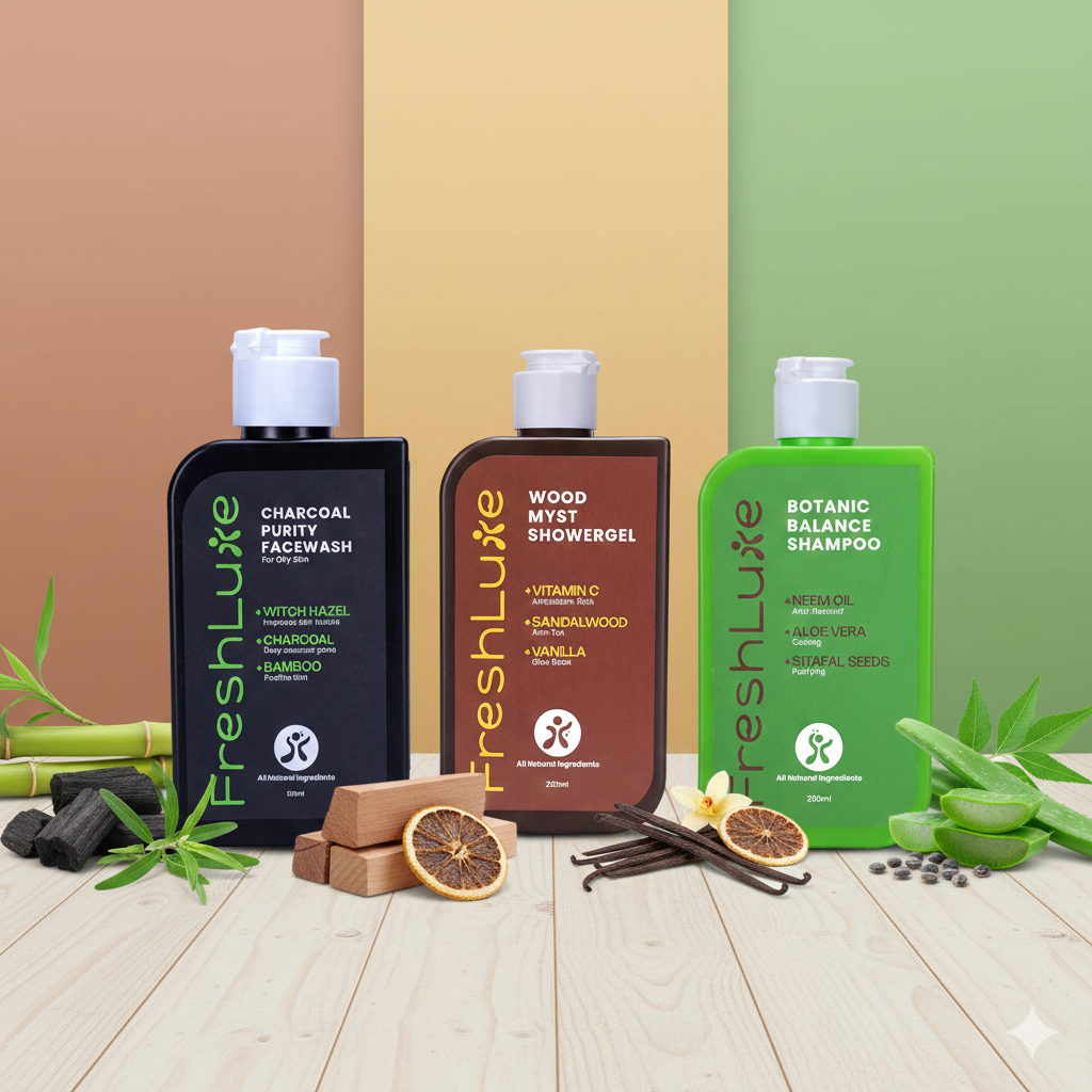 FreshLuxe Pollution Free Skin Combo | AYUSH-Approved | Charcoal, Vitamin C & Neem-Aloe Shampoo for clear and pollution-free skin.