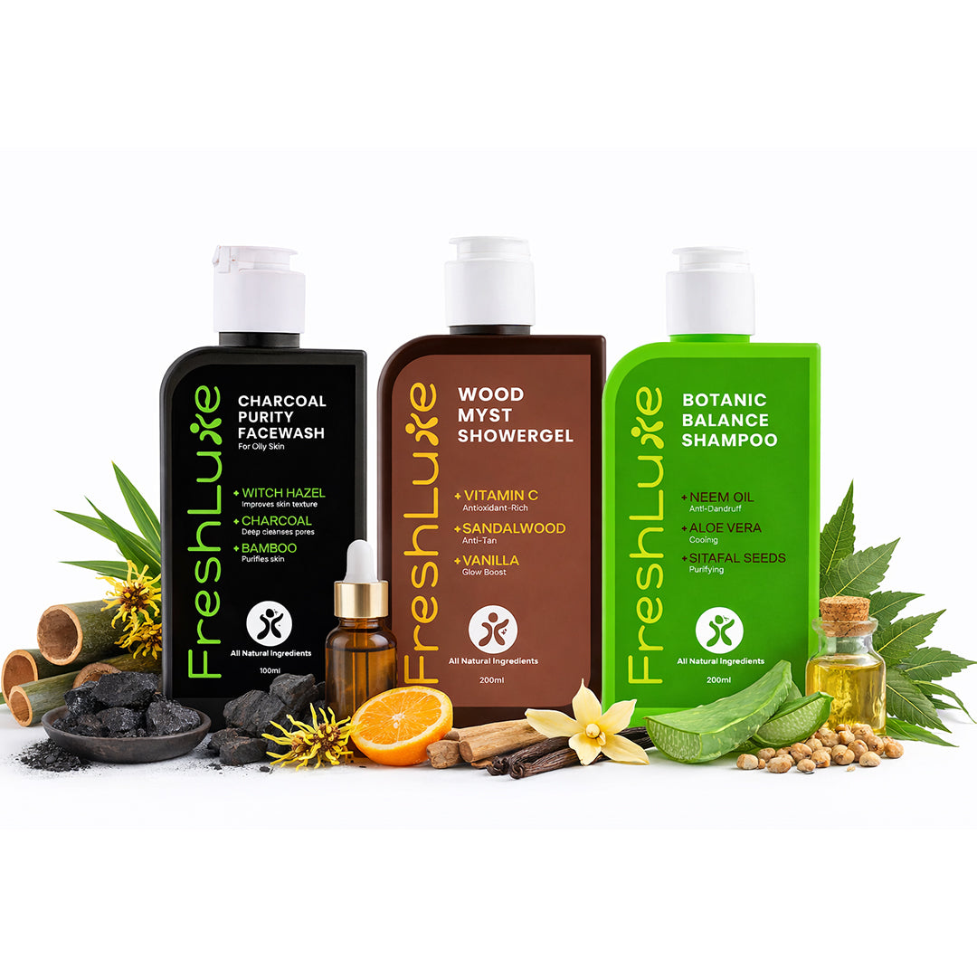 Collection of FreshLuxe skincare products with natural ingredients on a white background