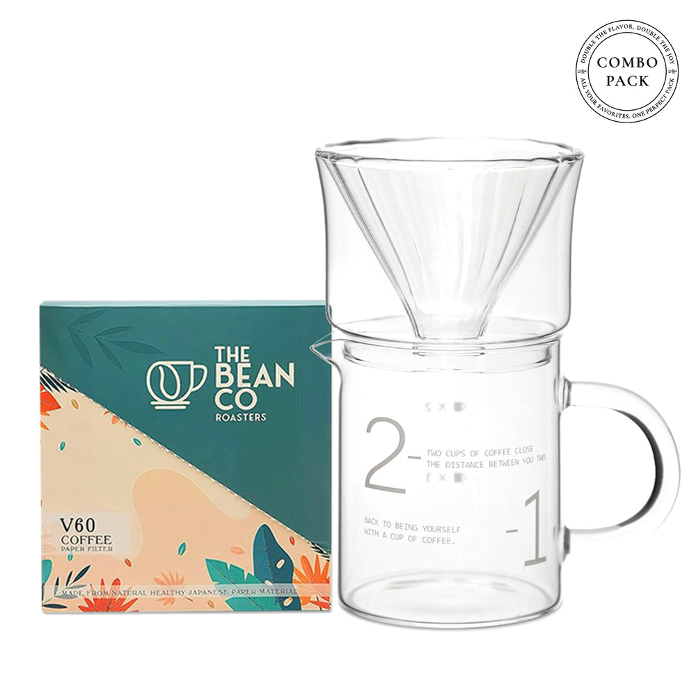 The Bean Co Roasters Double-Walled Glass Coffee Dripper with 450ml Glass Carafe + V60 Paper Coffee Filters (50 pcs) | Barista-Style Home Brewing Combo Pack