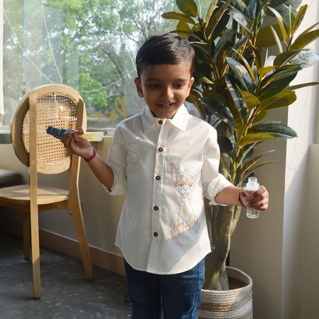 Pup Police Embroidered Shirt - White