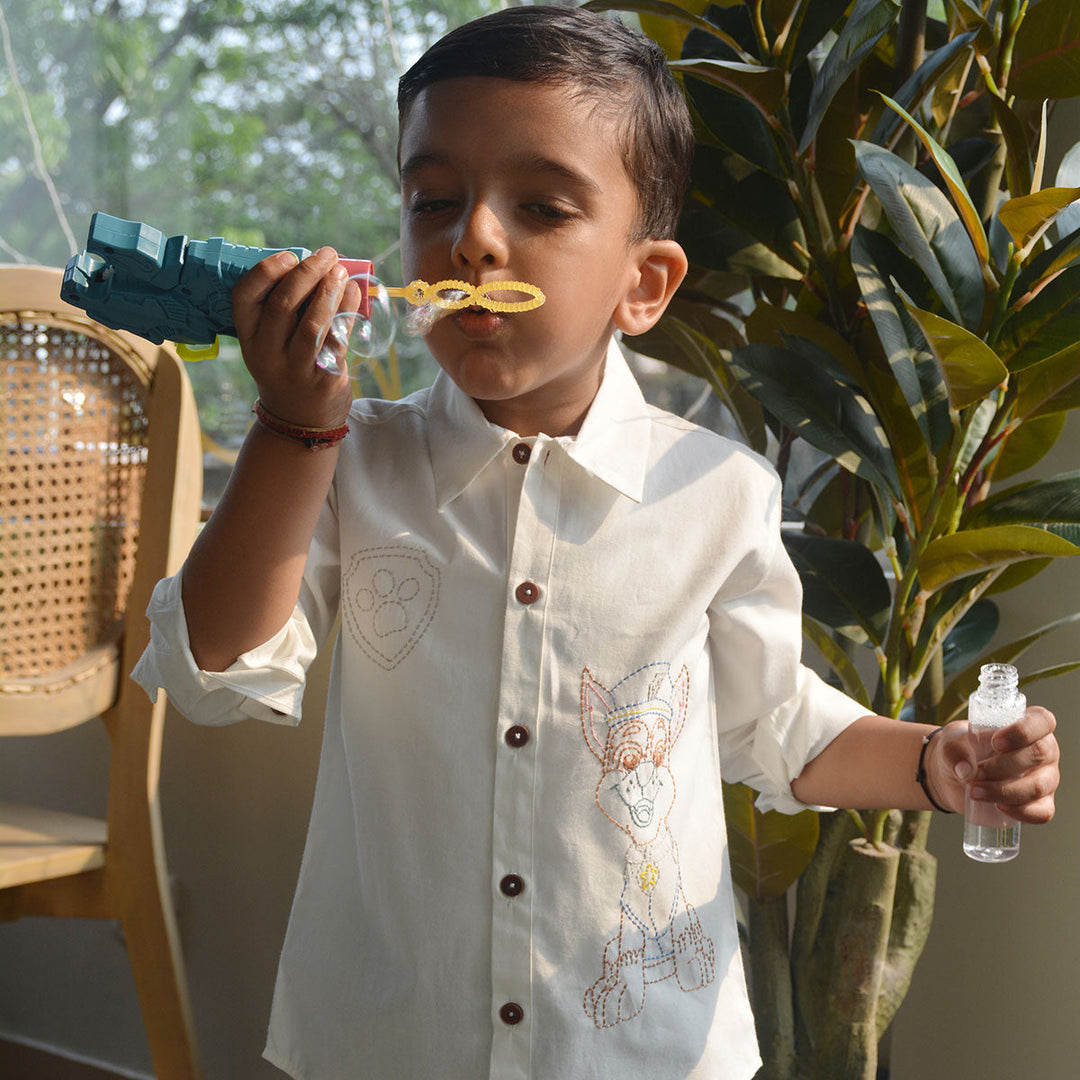 Pup Police Embroidered Shirt - White