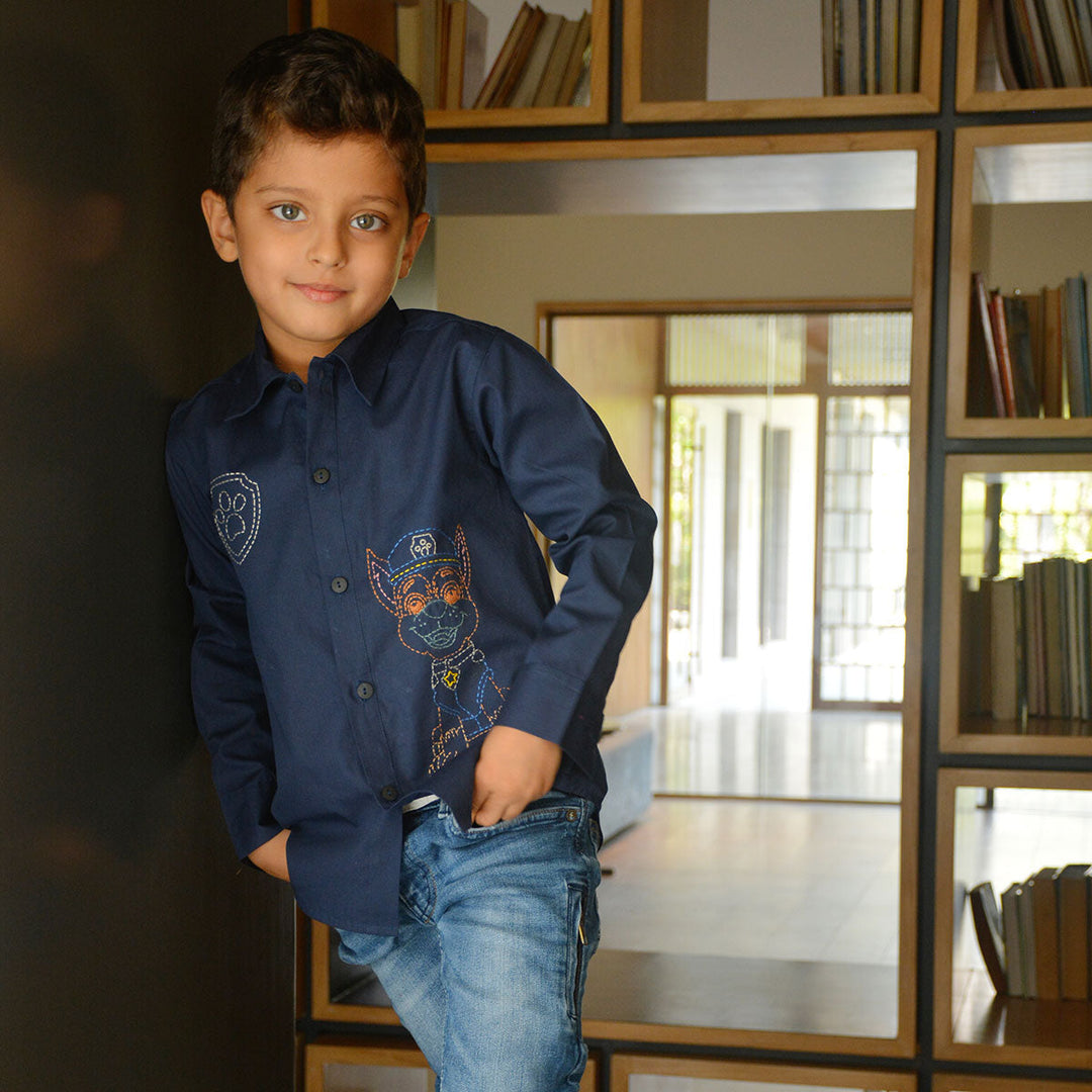 Pup Police Embroidered Shirt - Navy