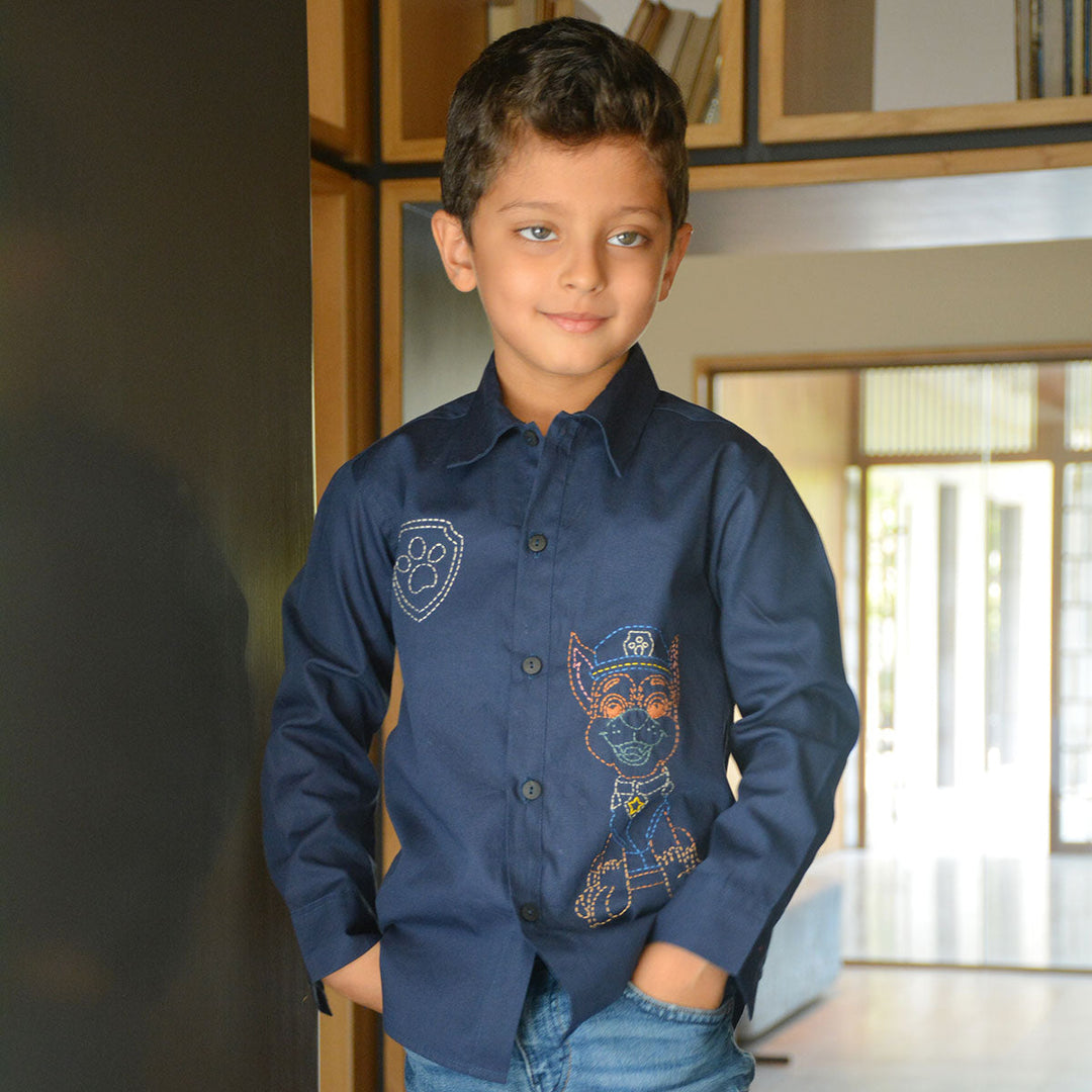 Pup Police Embroidered Shirt - Navy